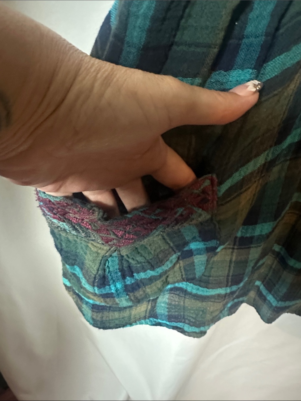 Johnny Was Teal & Green Plaid Button-Down with Floral Embroidery - Picture 6 of 9
